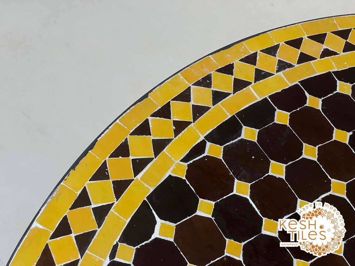 Baraka - Round Mosaic Table, Dark Brown and Mustard Yellow Moroccan Tile