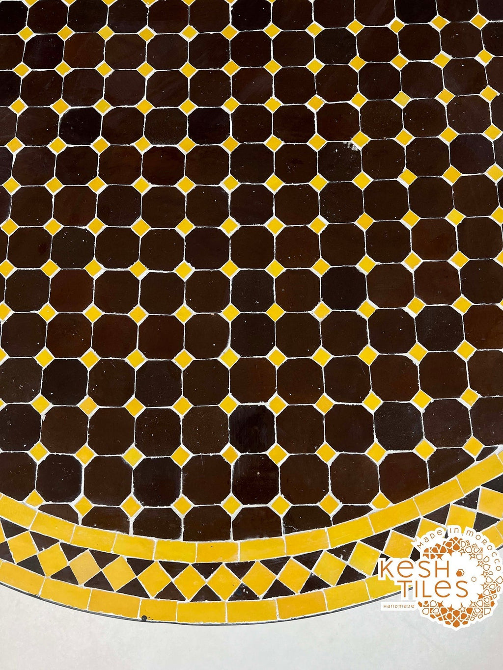 Baraka - Round Mosaic Table, Dark Brown and Mustard Yellow Moroccan Tile