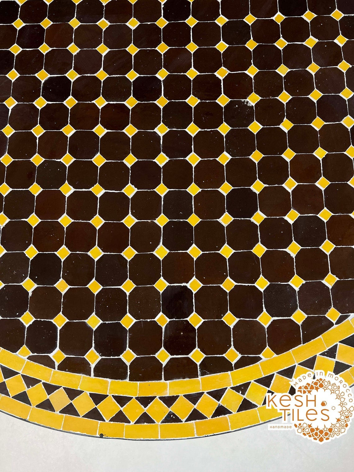 Baraka - Round Mosaic Table, Dark Brown and Mustard Yellow Moroccan Tile