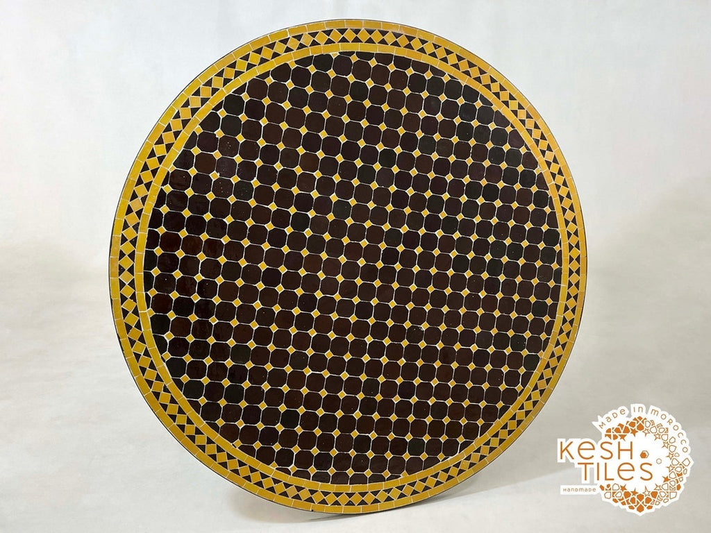 Baraka - Round Mosaic Table, Dark Brown and Mustard Yellow Moroccan Tile