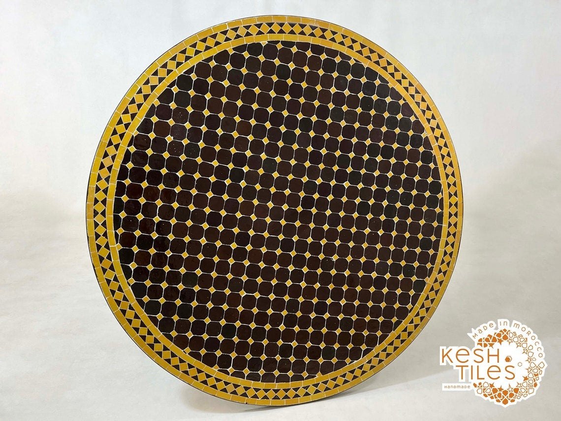 Baraka - Round Mosaic Table, Dark Brown and Mustard Yellow Moroccan Tile