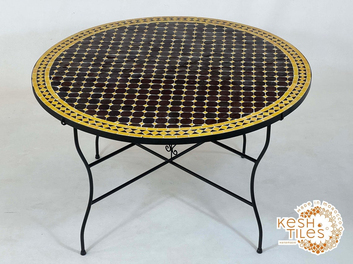 Baraka - Round Mosaic Table, Dark Brown and Mustard Yellow Moroccan Tile