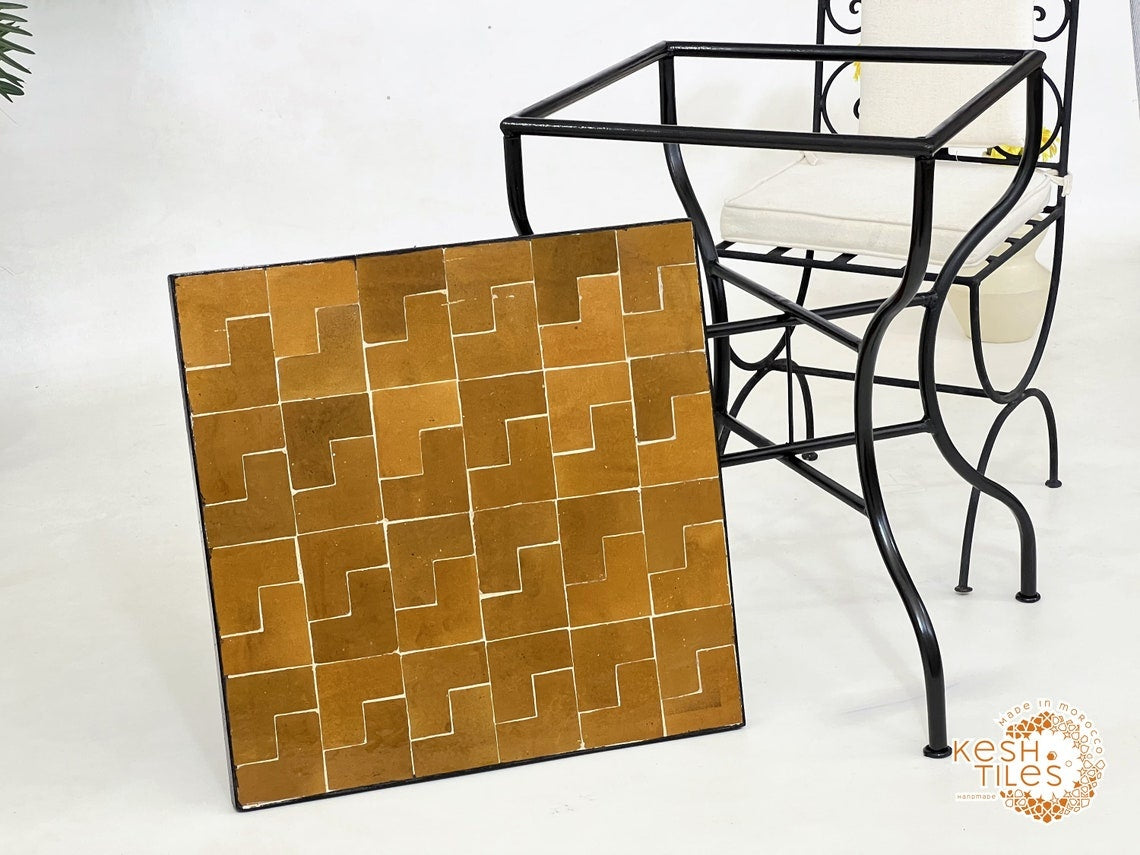 Dark Orange Mosaic Table, Square Handmade Moroccan Zellige Table