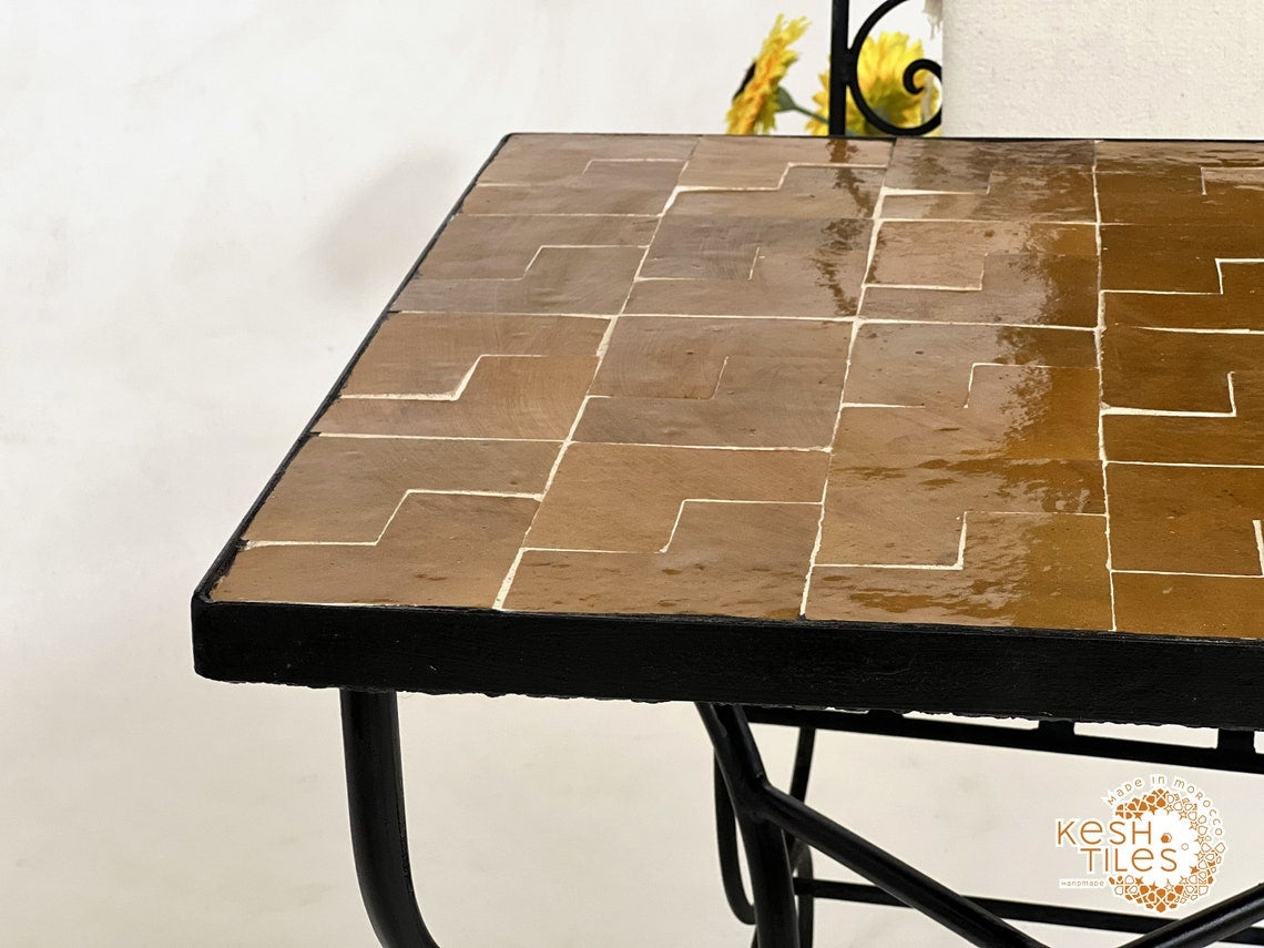 Dark Orange Mosaic Table, Square Handmade Moroccan Zellige Table
