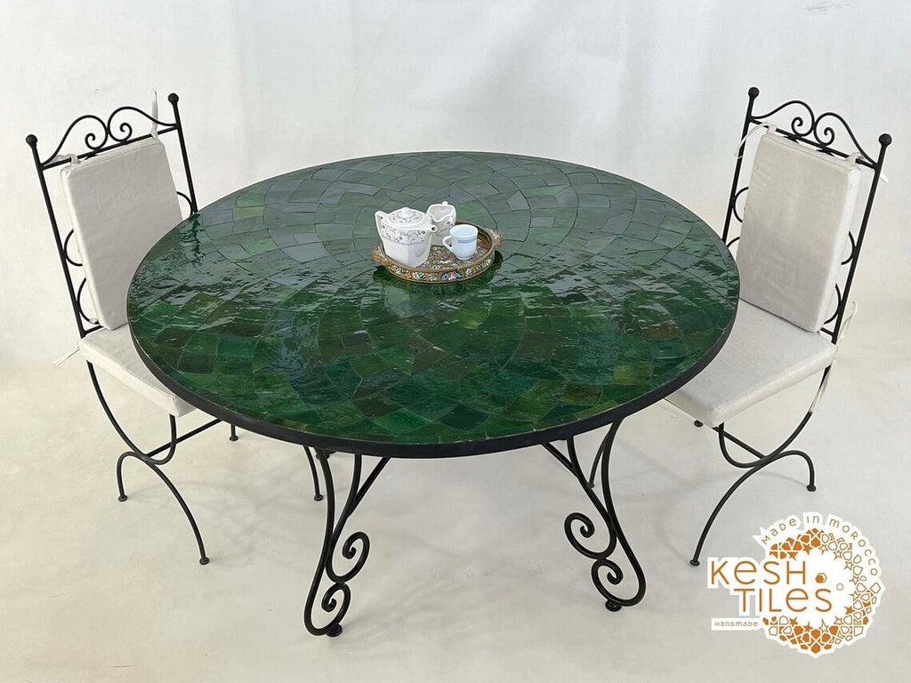 Itri - Round Mosaic Table, Green Flower Handmade Moroccan Patio