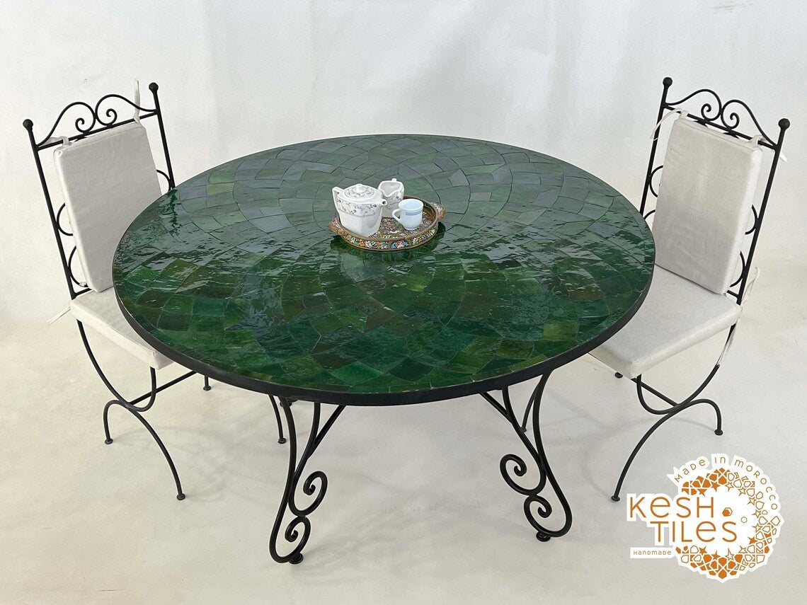 Itri - Round Mosaic Table, Green Flower Handmade Moroccan Patio