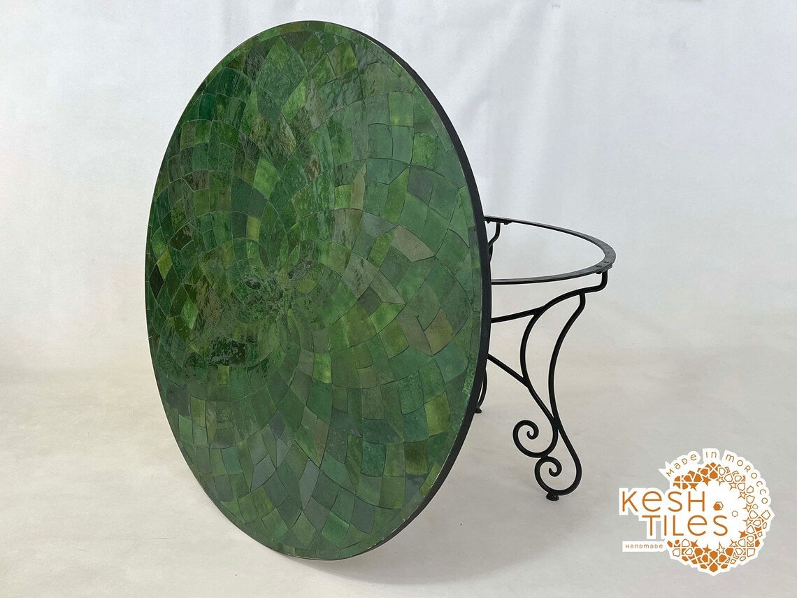 Itri - Round Mosaic Table, Green Flower Handmade Moroccan Patio