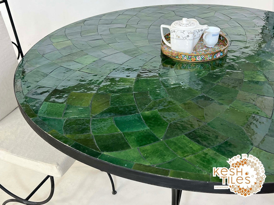 Itri - Round Mosaic Table, Green Flower Handmade Moroccan Patio