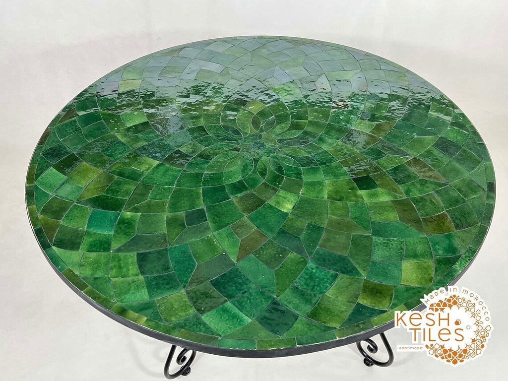 Itri - Round Mosaic Table, Green Flower Handmade Moroccan Patio