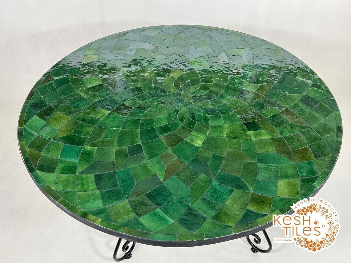 Itri - Round Mosaic Table, Green Flower Handmade Moroccan Patio