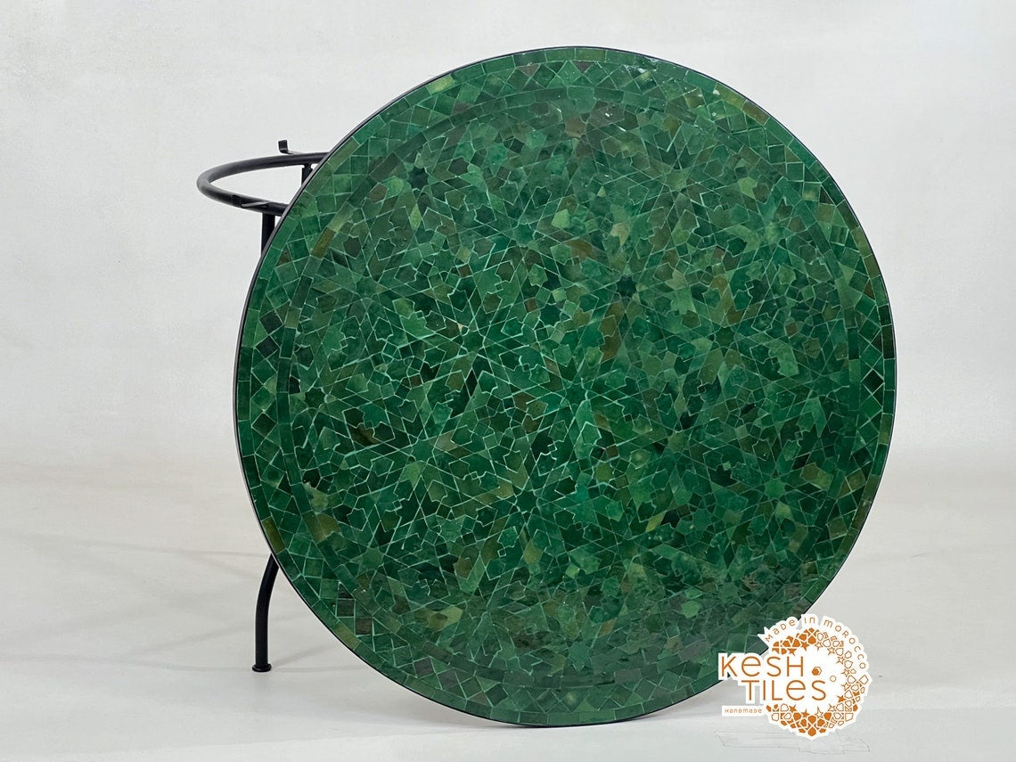 Lutsia - Round Mosaic Table, Green Tamegrout Handmade Moroccan Patio