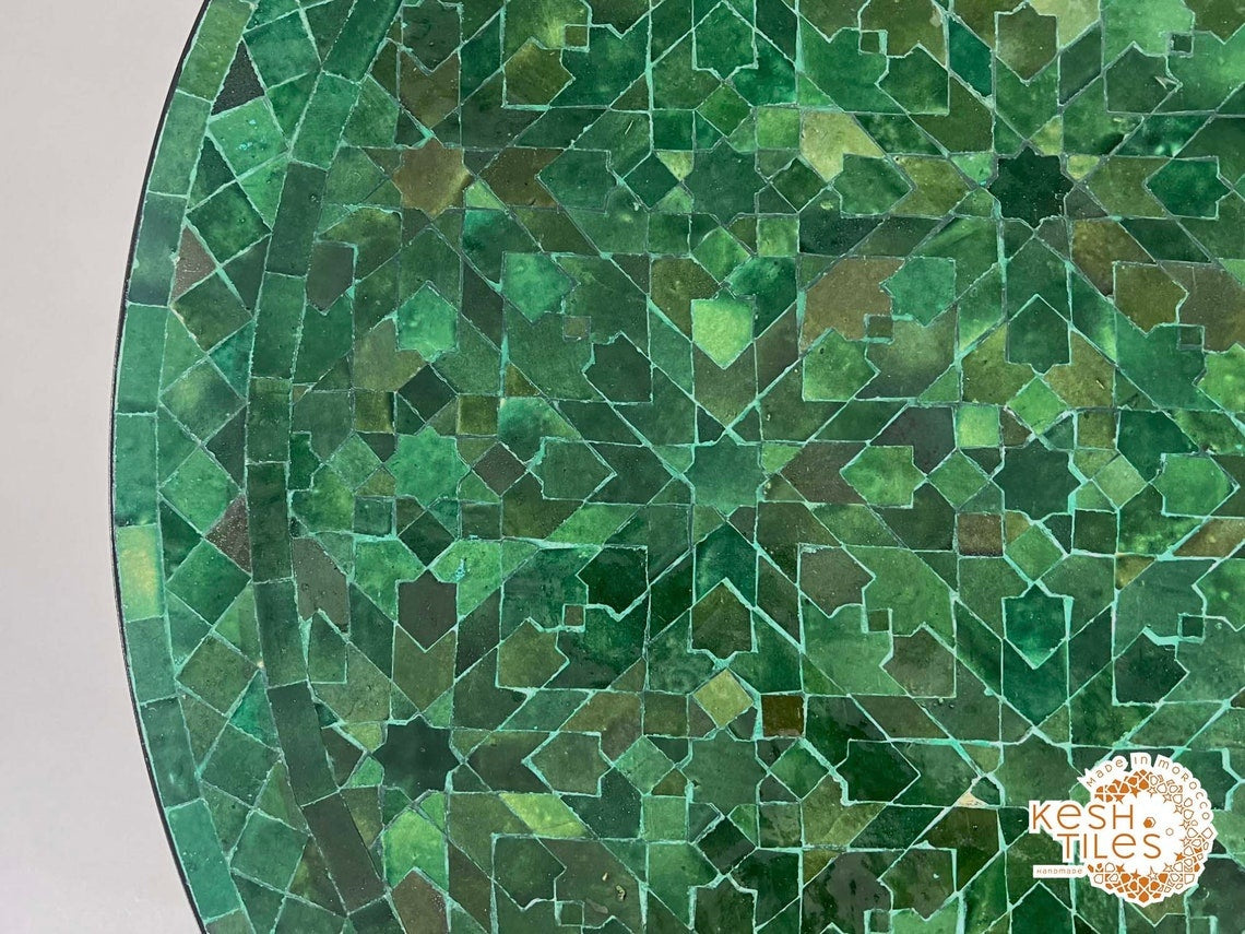 Lutsia - Round Mosaic Table, Green Tamegrout Handmade Moroccan Patio
