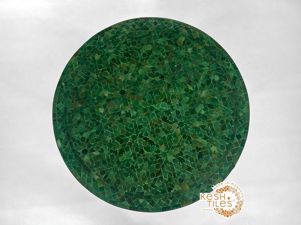 Lutsia - Round Mosaic Table, Green Tamegrout Handmade Moroccan Patio