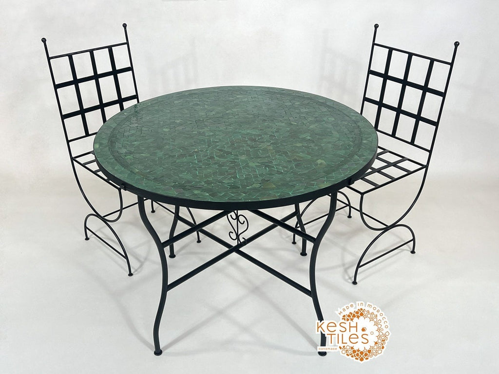 Lutsia - Round Mosaic Table, Green Tamegrout Handmade Moroccan Patio