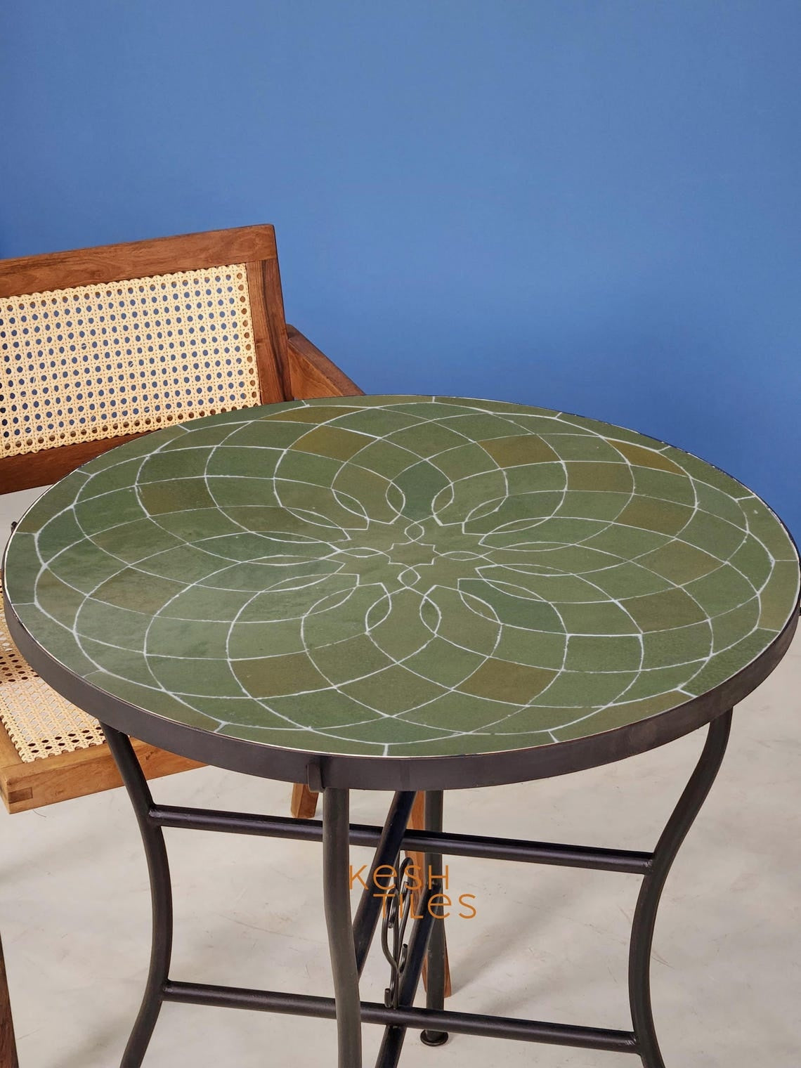 Jannat - Round Mosaic Table, Sage Green Handmade Moroccan Zellige