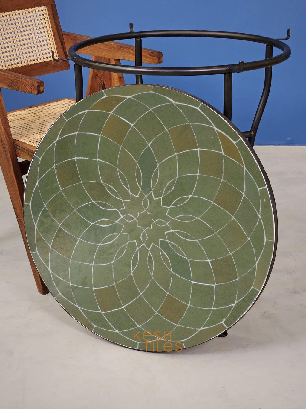 Jannat - Round Mosaic Table, Sage Green Handmade Moroccan Zellige