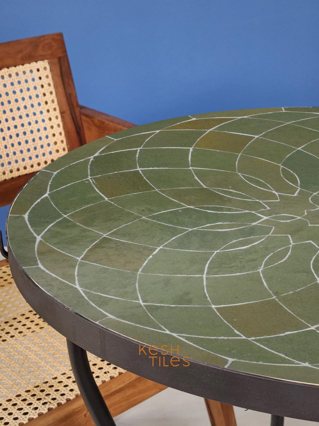 Jannat - Round Mosaic Table, Sage Green Handmade Moroccan Zellige