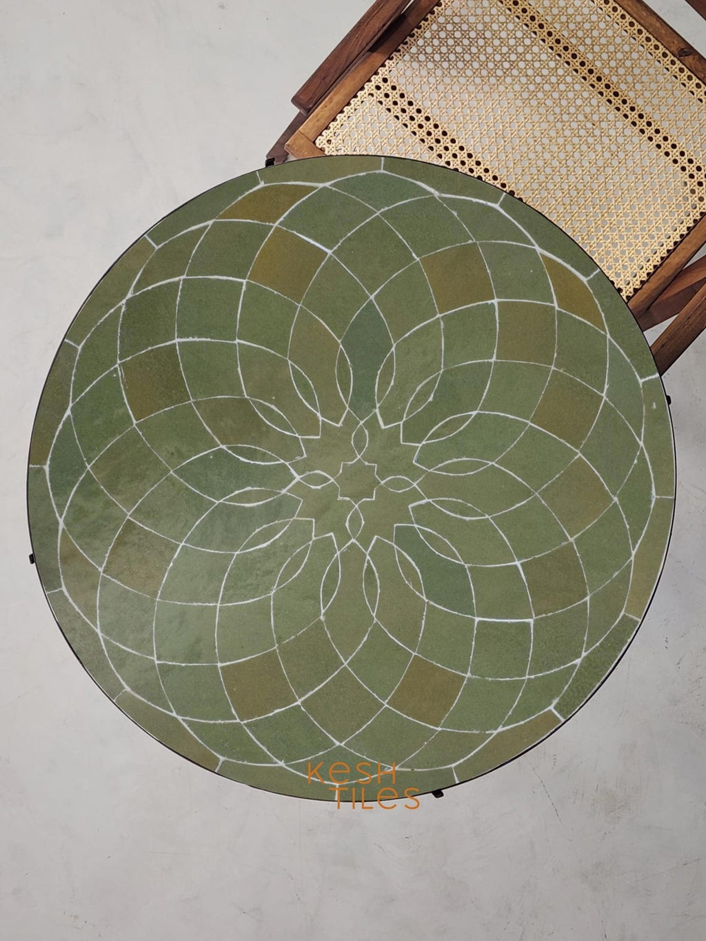 Jannat - Round Mosaic Table, Sage Green Handmade Moroccan Zellige