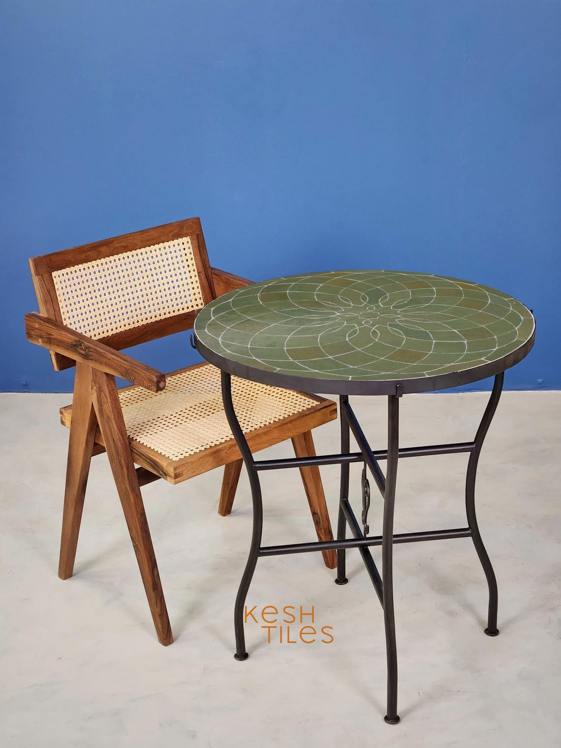 Jannat - Round Mosaic Table, Sage Green Handmade Moroccan Zellige