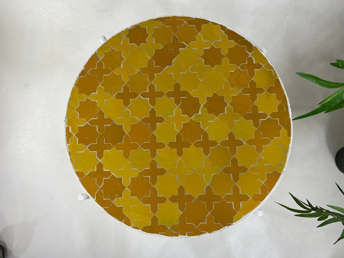 Najma - Round Mosaic Coffee Table, Yellow Moroccan Tile Table
