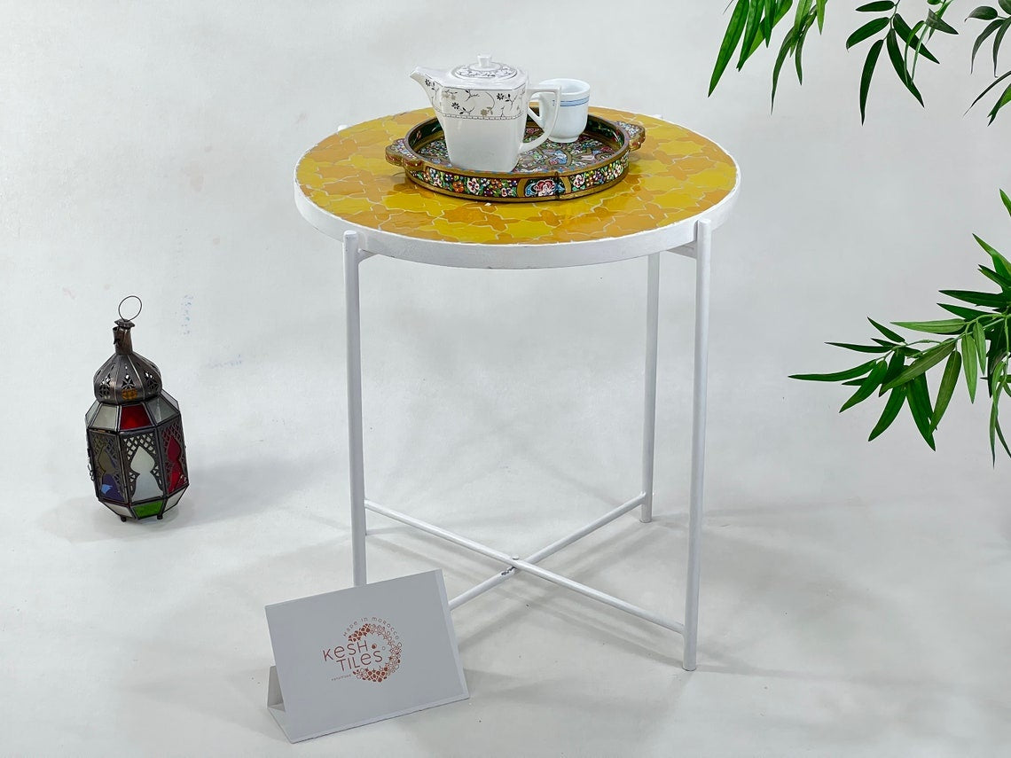 Najma - Round Mosaic Coffee Table, Yellow Moroccan Tile Table