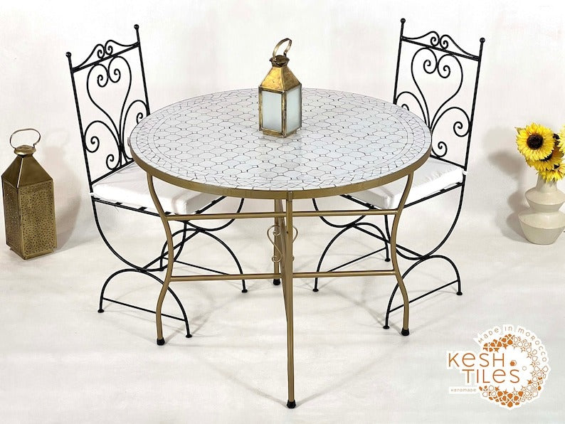 Tiddu - White Mosaic Table, Round Handmade Zellige Patio Table with Golden Base