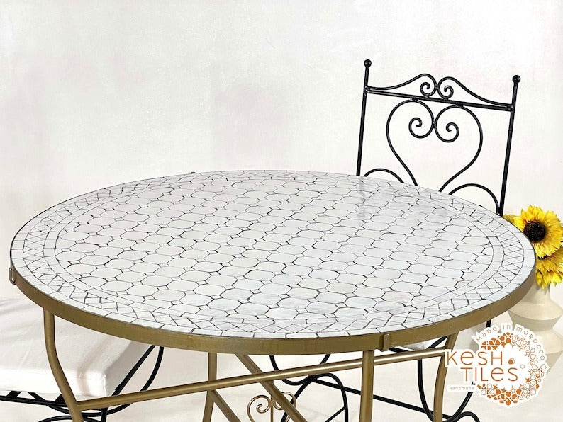 Tiddu - White Mosaic Table, Round Handmade Zellige Patio Table with Golden Base