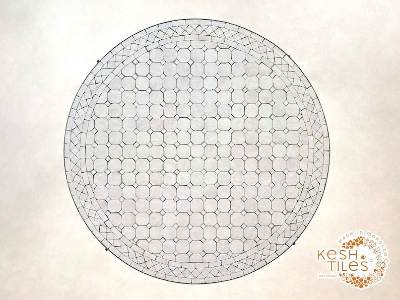 Tiddu - White Mosaic Table, Round Handmade Zellige Patio Table with Golden Base