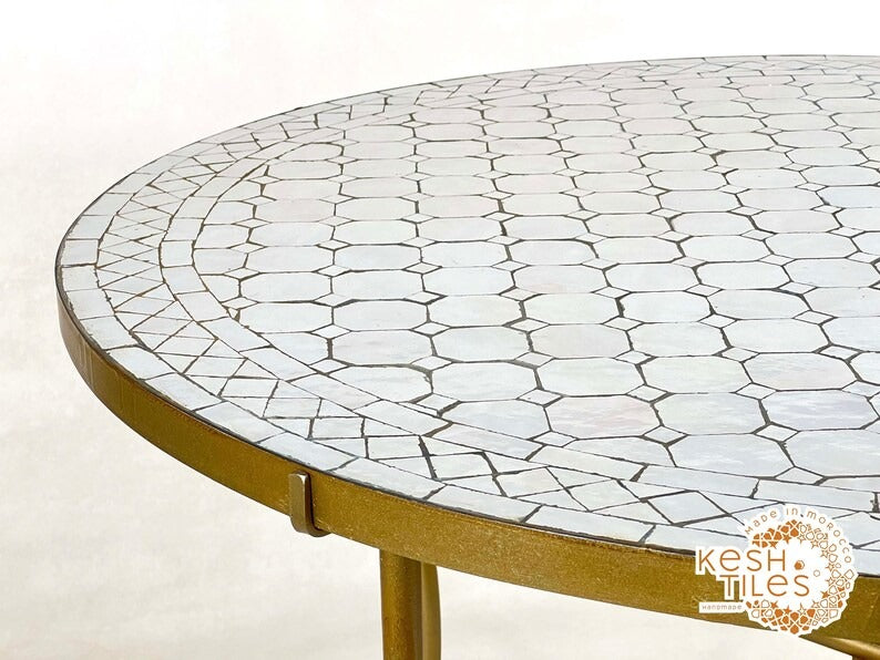 Tiddu - White Mosaic Table, Round Handmade Zellige Patio Table with Golden Base