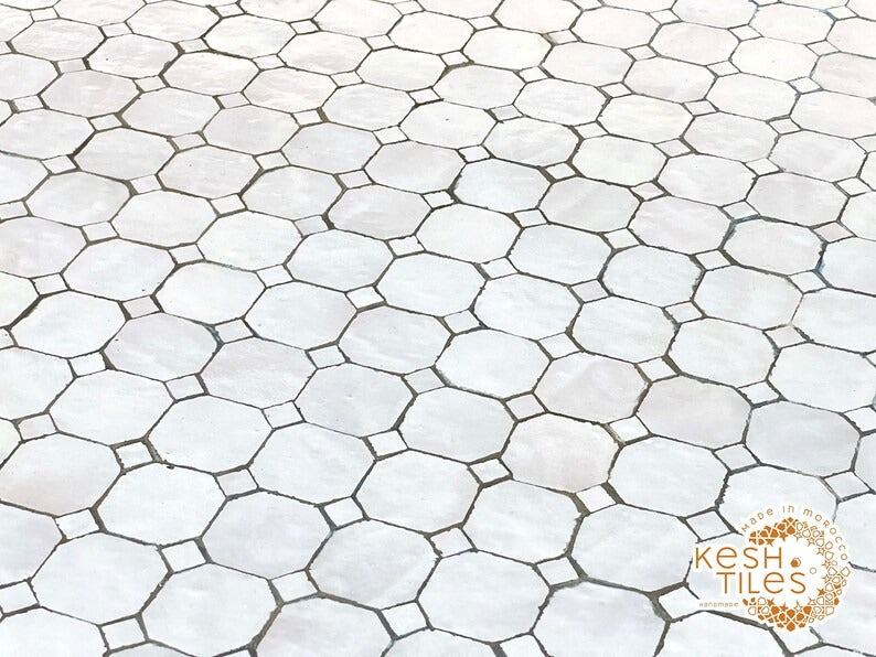 Tiddu - White Mosaic Table, Round Handmade Zellige Patio Table with Golden Base