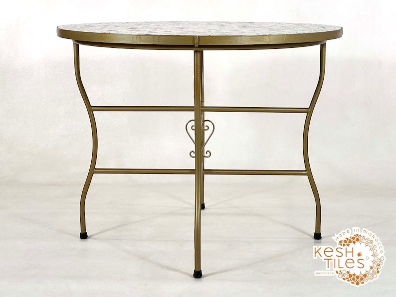 Tiddu - White Mosaic Table, Round Handmade Zellige Patio Table with Golden Base