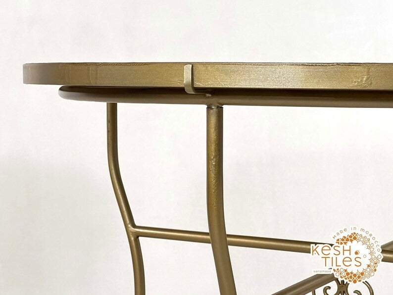 Tiddu - White Mosaic Table, Round Handmade Zellige Patio Table with Golden Base