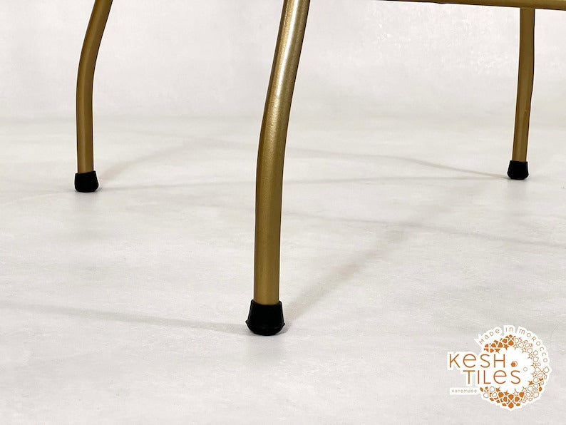 Tiddu - White Mosaic Table, Round Handmade Zellige Patio Table with Golden Base