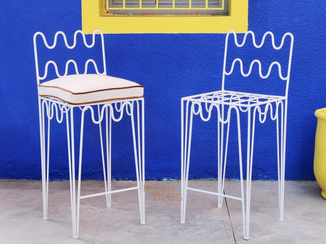 Amayas - White Wrought Iron Bar Stools, Handmade Indoor Outdoor Chairs