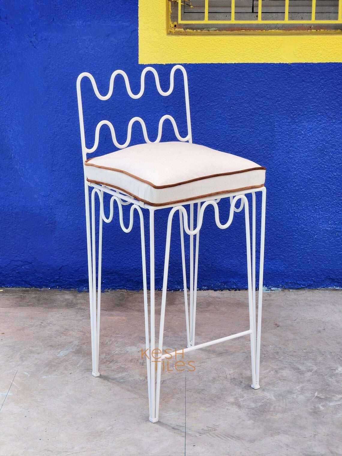 Amayas - White Wrought Iron Bar Stools, Handmade Indoor Outdoor Chairs