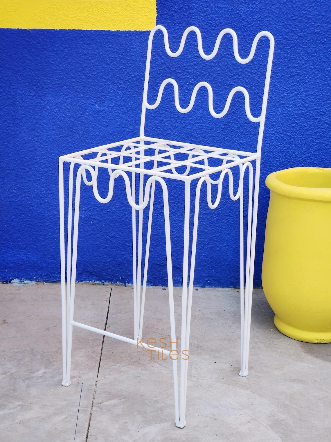 Amayas - White Wrought Iron Bar Stools, Handmade Indoor Outdoor Chairs