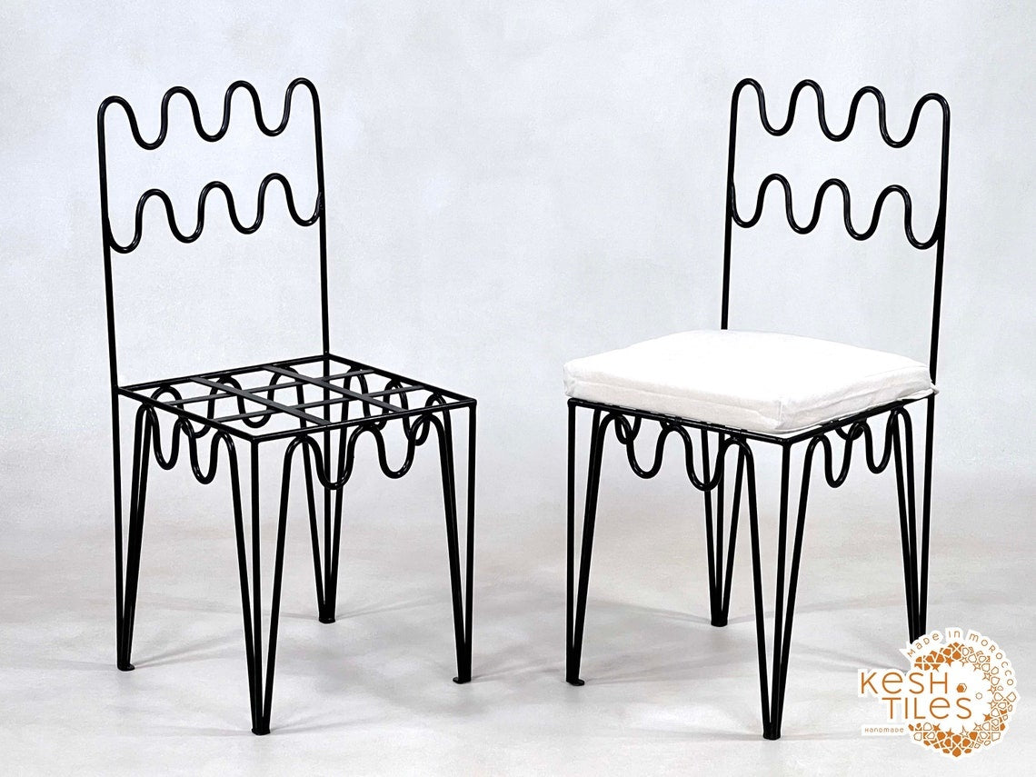 Yacine - Wrought Iron Chairs, Handmade Moroccan Painted Stools with Cushions