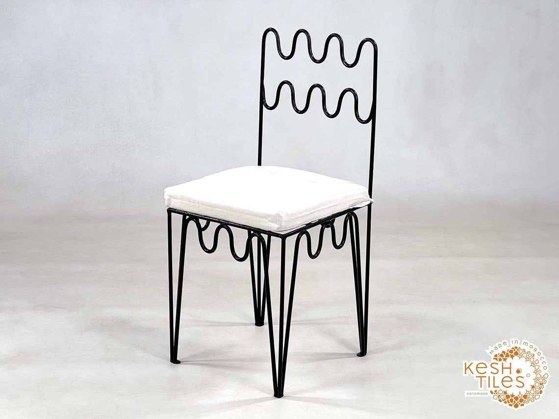 Yacine - Wrought Iron Chairs, Handmade Moroccan Painted Stools with Cushions
