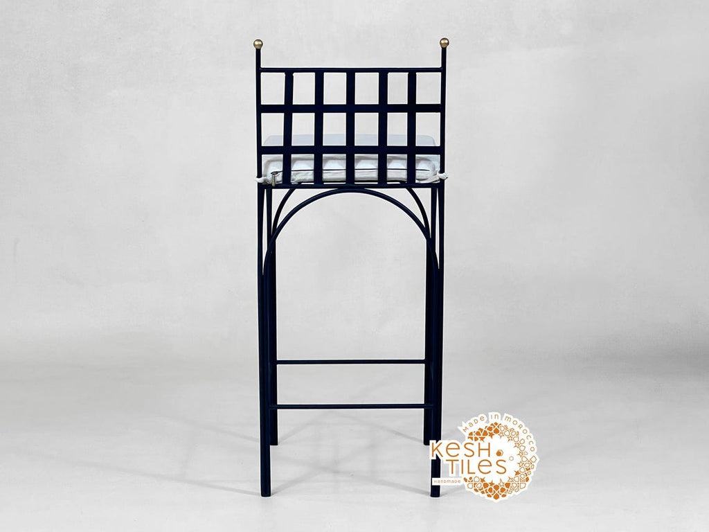 Navid - Black Wrought Iron Stool, Handmade Moroccan Seat with Gold Finials