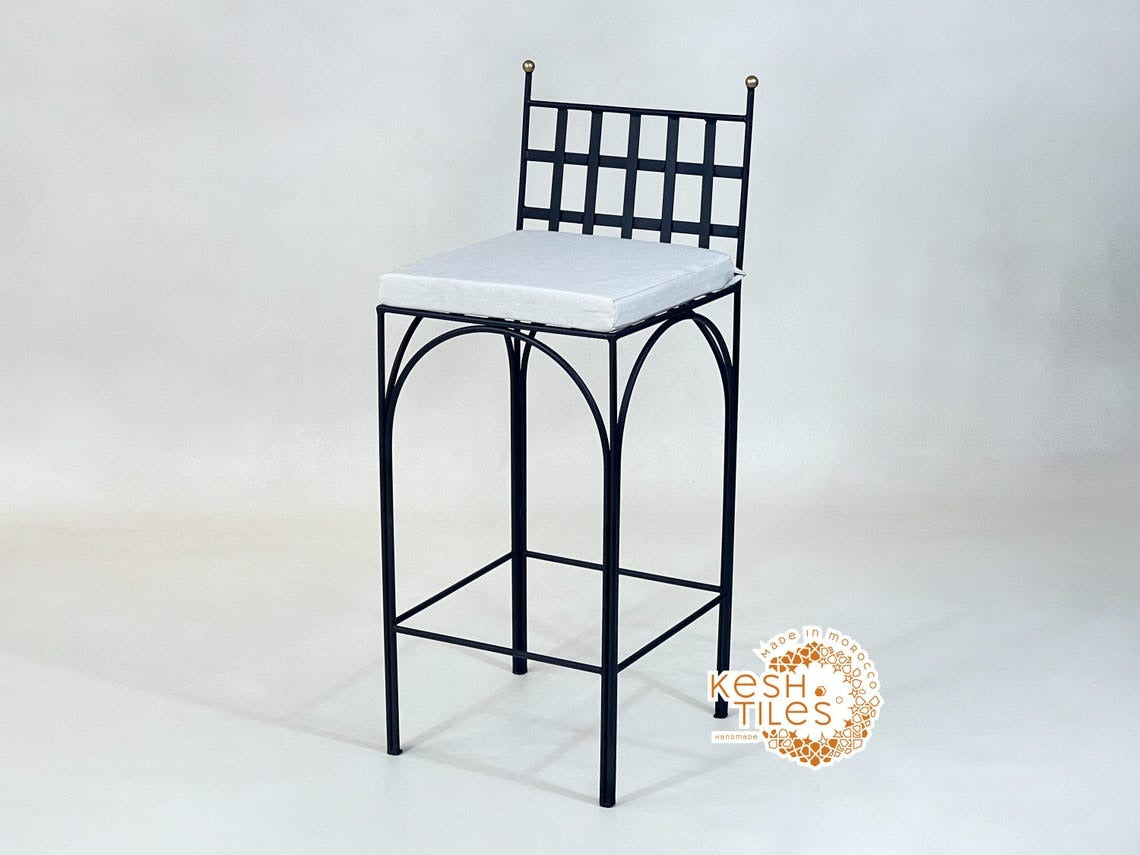 Navid - Black Wrought Iron Stool, Handmade Moroccan Seat with Gold Finials