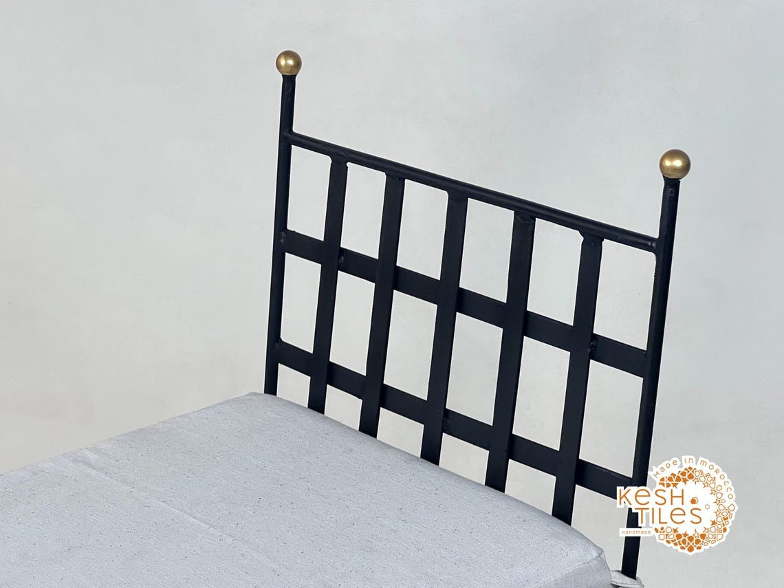 Navid - Black Wrought Iron Stool, Handmade Moroccan Seat with Gold Finials