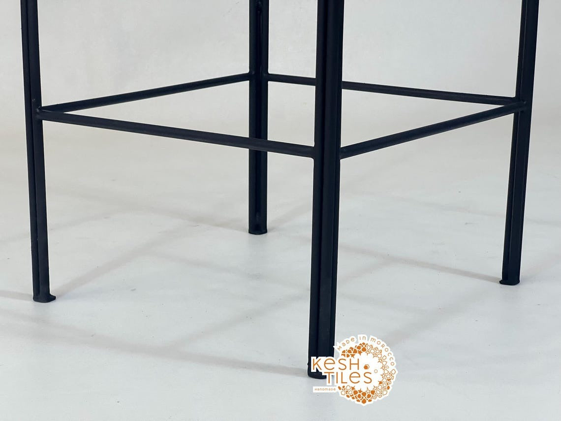 Navid - Black Wrought Iron Stool, Handmade Moroccan Seat with Gold Finials