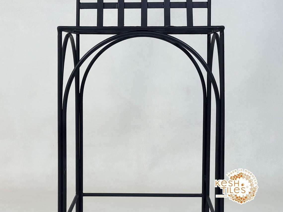 Navid - Black Wrought Iron Stool, Handmade Moroccan Seat with Gold Finials