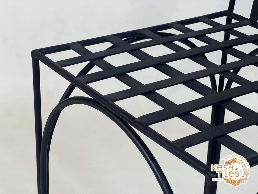 Navid - Black Wrought Iron Stool, Handmade Moroccan Seat with Gold Finials