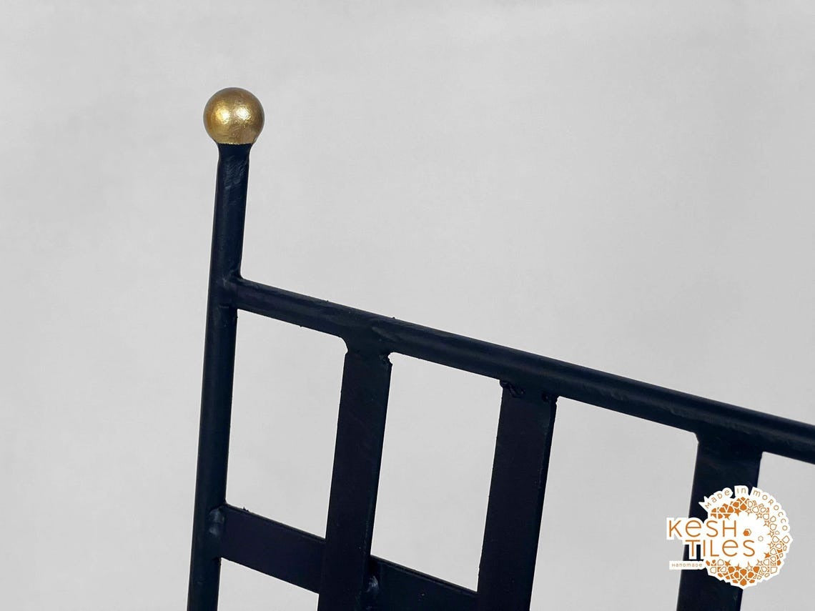 Navid - Black Wrought Iron Stool, Handmade Moroccan Seat with Gold Finials