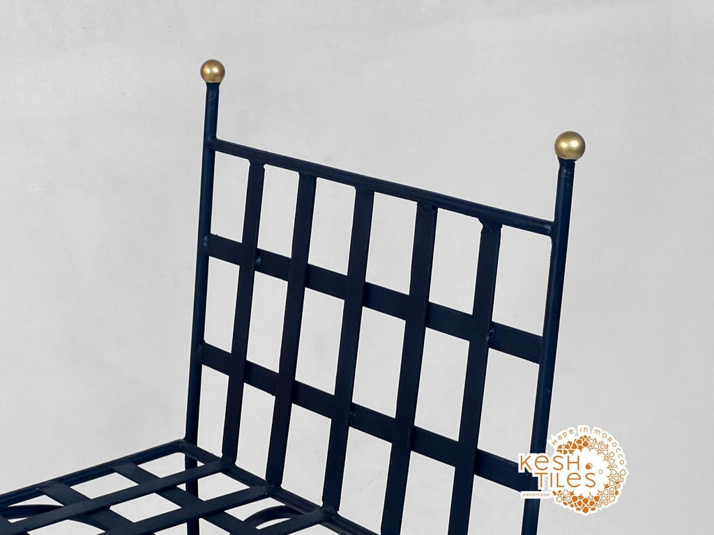 Navid - Black Wrought Iron Stool, Handmade Moroccan Seat with Gold Finials