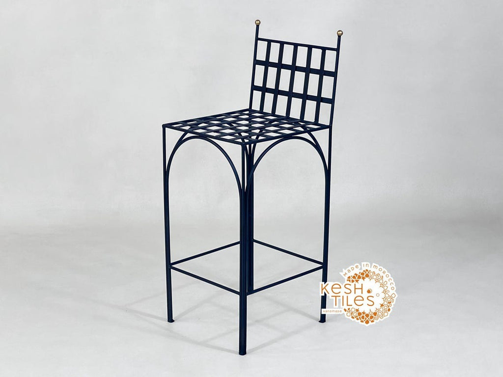 Navid - Black Wrought Iron Stool, Handmade Moroccan Seat with Gold Finials
