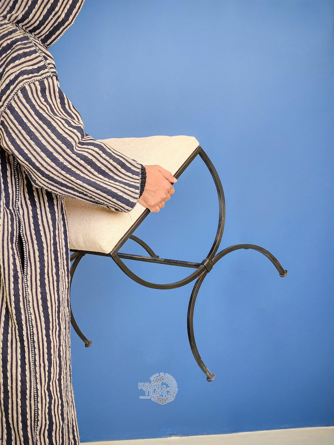 Siraj - Strapontin Wrought Iron Stools Set, Black Folding Benches